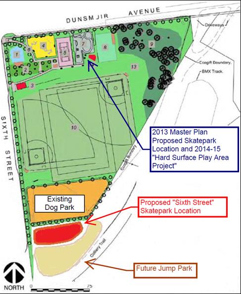 Village Park overview showing previous proposed skatepark location adjacent to Dunsmuir Avenue and the new proposed location adjacent to Sixth Street.